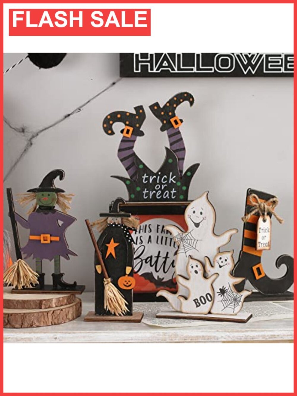 Halloween Tabletop Decor Set Wooden Witch Ghost 6" 5 Pcs Indoor Home Party